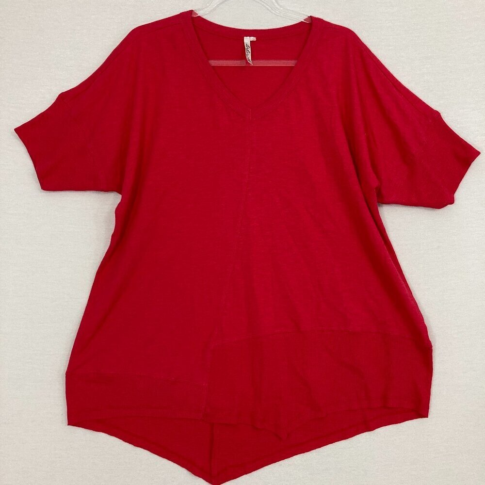 Lulu-B Red V Neck‎ Stretch Cotton Asymmetric Hem Relaxed Short Sleeve Top Large
